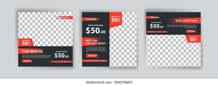 Plantilla de publicación de medios sociales para el servicio de alquiler de autos. Vector de banner para anuncios de medios sociales, anuncios web, mensajes de negocios, volantes de descuento y banners de gran venta.