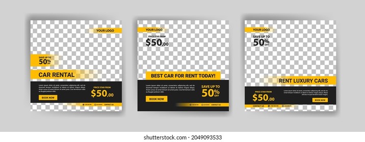 Social media post template for automotive car rental service. Banner vector for social media ads, web ads, business messages, discount flyers and big sale banners.