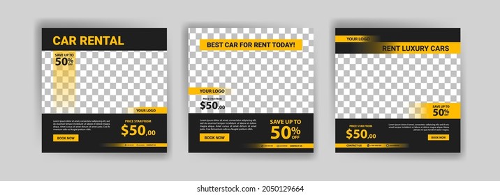 Social media post template for automotive car rental service. Banner vector for social media ads, web ads, business messages, discount flyers and big sale banners.