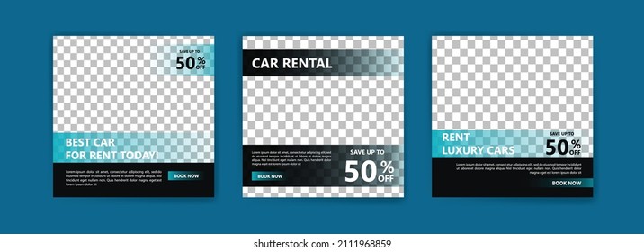 Plantilla de publicación de medios sociales para el servicio de alquiler de autos. Vector de banner para anuncios de medios sociales, anuncios web, mensajes de negocios, volantes de descuento y banners de gran venta.