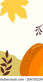 social media post template. Autumn background layout with maple leaf, pumpkin, plant, dots, lines, colored spots. Collage with place for text, your content