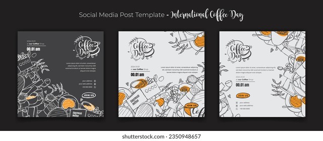 Social media post template in black white of coffee doodle art background for coffee day campaign