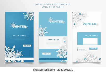 Social media post template in blue and white with winter concept background design