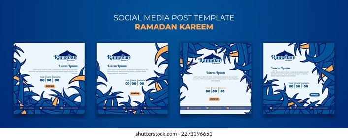 Social media post template with blue grass design for ramadan kareem or eid mubarak design