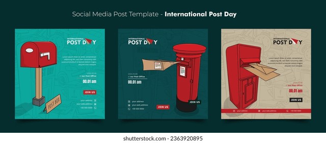 Social media post template with post box and transparent doodle art background for world post day