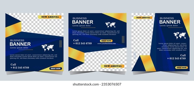 Social Media Post template, Business marketing and seminar webinar, social media post, concept design. online marketing promotion banner. gold and blue