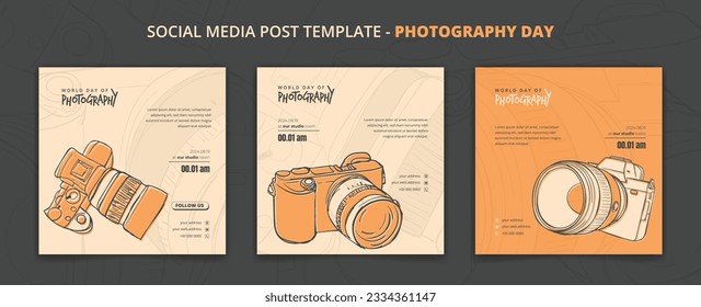 Social media post template with camera in hand drawn design for photography day campaign