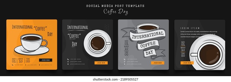 Social media post template with cartoon coffee and lettering design for coffee day campaign design