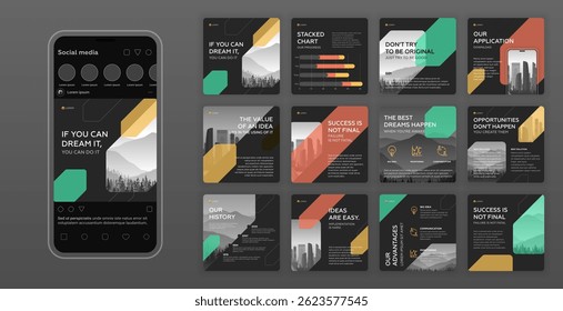 Social media post template with cityscape vector illustration on background. Instagram square posts layouts for personal blog. Presentation template. Pitch deck, proposal template.