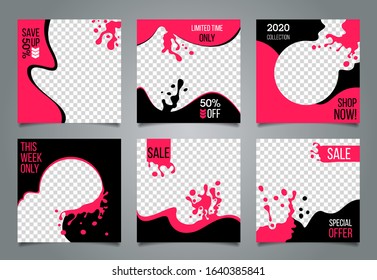 Social media post template creative set. Sale promo collection. Liquid design. Easy editable vector illustration.