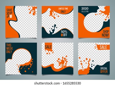 Social media post template creative set. Sale promo collection. Liquid design. Easy editable vector illustration.