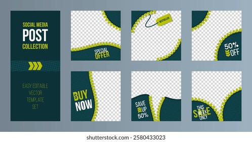 Social media post template creative set. Sale promo collection. Zipper design. Easy editable vector illustration.