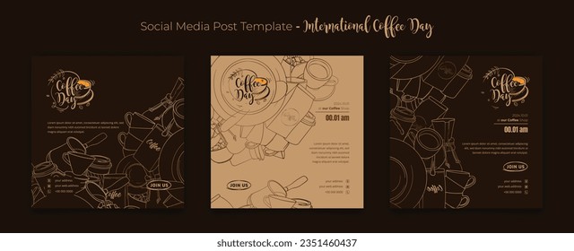 Social media post template with cup and ornamental in doodle art design for coffee day campaign