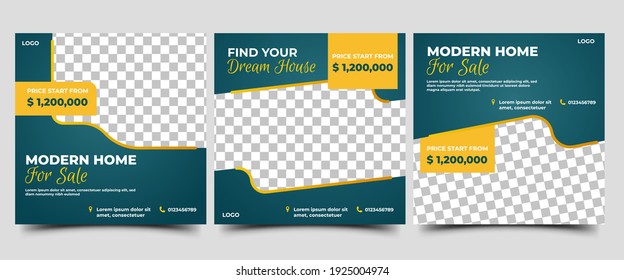 Social media post template design bundle for house selling. Promotion banner with a dark blue background and yellow frame. Usable for social media, flyers, banners, and web ads.