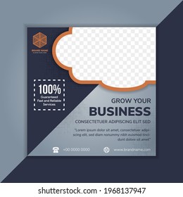Social media post template design for growing your business use combination blue gradient and orange pastel colors. Square layout with space for photo collage. transparency dot halftone pattern. 
