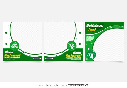 Social media post template design set for healthy food promotion. Vector illustration with a photo collage. Usable for social media, flyers, banners, and web internet ads.