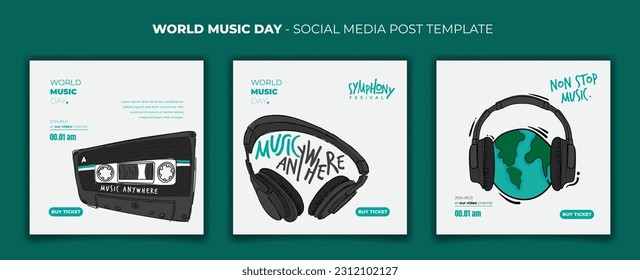 Diseño de plantillas de publicación de medios sociales con diseño de cassette dibujado a mano y auriculares con fondo blanco