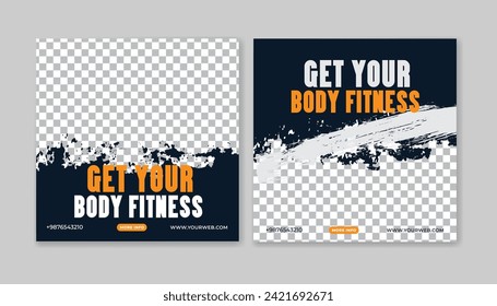 Diseño de plantillas de publicaciones en medios sociales para gimnasia y fitness. Resumen de color rojo, negro y ámbar, Gym Fitness social post Plantilla de diseño de paquete Vector Premium. Adecuado para los medios sociales,