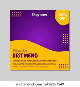 diseño de plantilla de publicación de medios sociales en estilo abstracto púrpura y amarillo para promociones de alimentos y bebidas.