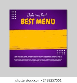 social media post template design in purple and yellow abstract style for food and drink promotions.