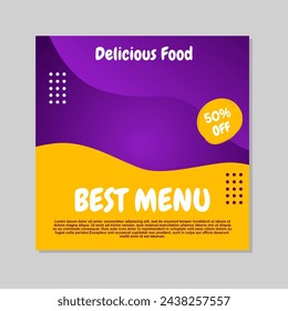 social media post template design in purple and yellow abstract style for food and drink promotions.