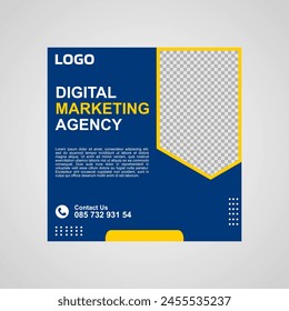 social media post template design in blue and yellow for company promotion.