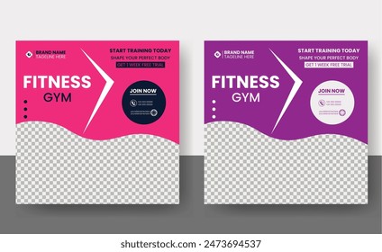 Social media post template design for Gym, Fitness, Workout, and Sports. Editable modern abstract banner with place for the photo. Usable for social media, banner , and website.