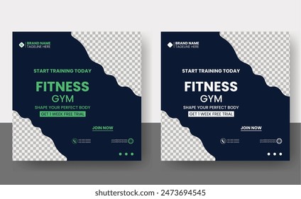 Social media post template design for Gym, Fitness, Workout, and Sports. Editable modern abstract banner with place for the photo. Usable for social media, banner , and website.