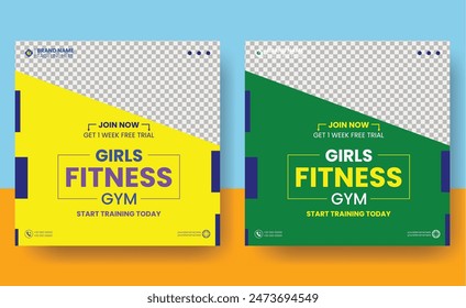 Social media post template design for Gym, Fitness, Workout, and Sports. Editable modern abstract banner with place for the photo. Usable for social media, banner , and website.