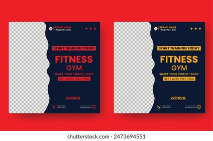 Social media post template design for Gym, Fitness, Workout, and Sports. Editable modern abstract banner with place for the photo. Usable for social media, banner , and website.