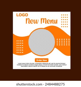 social media post template design. A white and orange new menu template with a call to action. 