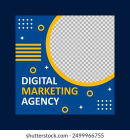 social media post template design with blue and yellow colors for promotion.