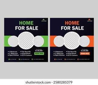 Social media post template design for real estate, home, or other business promotion. Modern square banner with place for the photo.