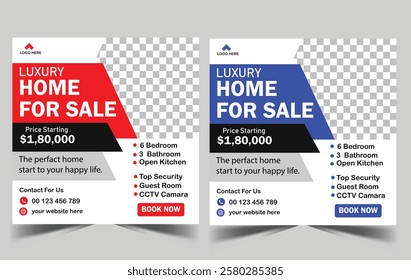 Social media post template design for real estate, home, or other business promotion. Modern square banner with place for the photo.