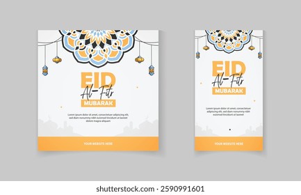 Social media post template design with Islamic mandala, masjid, lamp vector for Eid al Fitr Mubarak