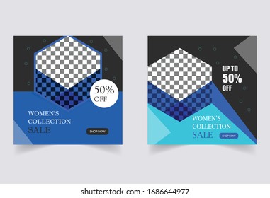 Social media post template design,Social media square web banner. Design black & blue square web banners for social media with place for photo. Suitable for social media post and web ads.