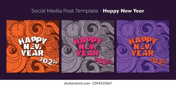 Plantilla de publicación de medios sociales con antecedentes de arte de doodle para diseño de celebración de año nuevo