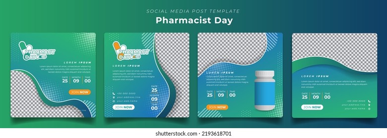 Social media post template with drug box for pharmacist day campaign in blue green background design