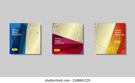 Plantilla de publicación de medios sociales para saludos de eid o deseo con diseño de luna, celebración de Eid publicación de medios sociales con manala y diseño vectorial de linternas