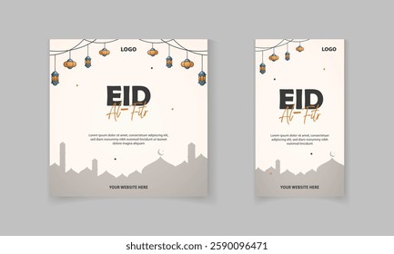 Social media post template for Eid al Fitr with Islamic masjid, lamp, star vector post, story set