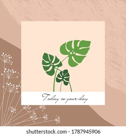 Social Media Post Template For Fashion With warm Color And Abstract Shapes, vector illustration of green monstera leaves on beige background