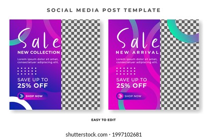 Social media post template for fashion sale. Square post social media, colorful and modern style with photo collage.