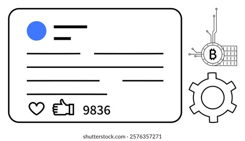 A social media post template featuring user engagement icons like a heart and thumbs-up alongside a digital Bitcoin symbol and a cogwheel. Ideal for social media, cryptocurrency, blockchain
