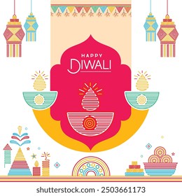 Social Media Post Or Template With festive element  And Floral Garland (Toran) On white Background For Diwali Celebration.