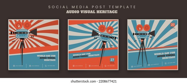 Social media post template with flat video camera design in retro blue and orange background design