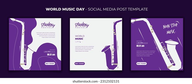 Social-Media-Postvorlage mit flachem Saxophondesign auf violettem und weißem Hintergrund