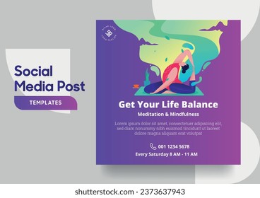 Social media post template flat health and yoga with a cool geometric design element. tutorial, tip, trick, quick tips, layout