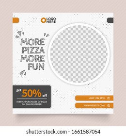 social media post template for food promotion. web banner for pizza burger and fast food. white grey orange color simple banner frame