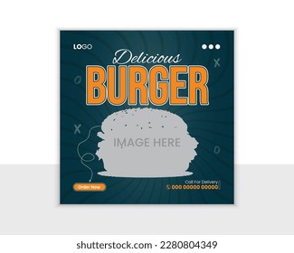 Social media post template for food menu promotion. Pizza, burger and healthy food business social media post design with abstract background. Pizza or hamburger online sale promotion video thumbnail.