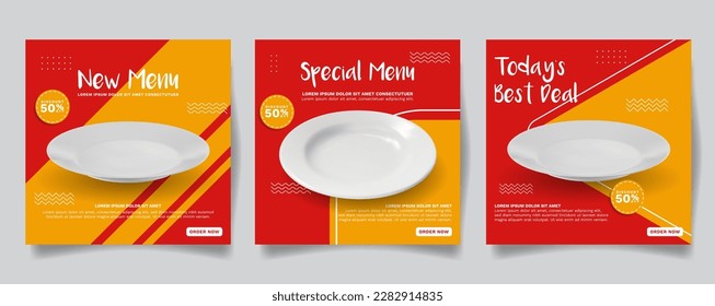 plantilla de publicación en medios sociales para promoción de alimentos marco de banner simple, ilustración vectorial con placa blanca en fondo rojo y naranja